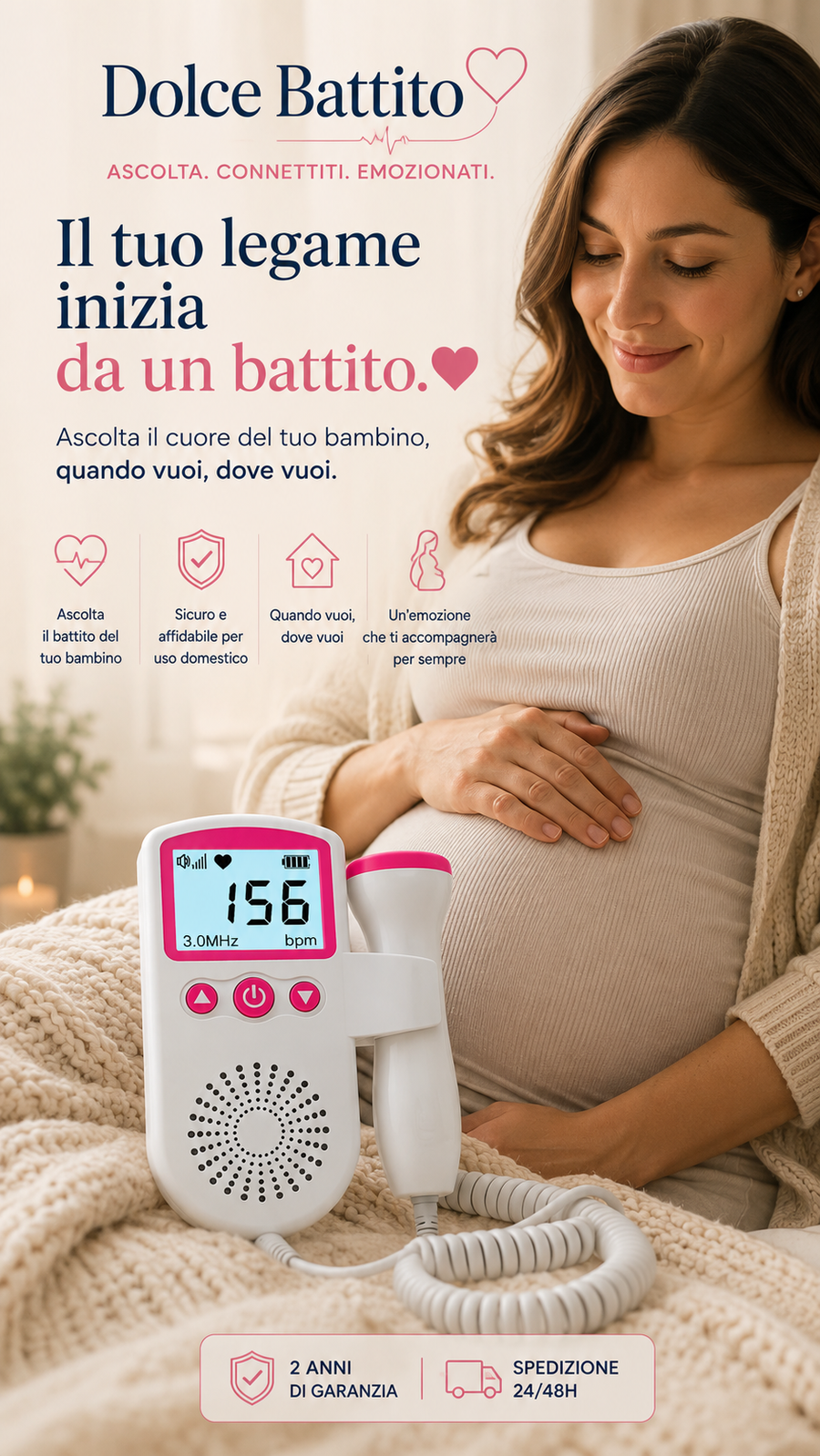 Futura mamma utilizza Dolce Battito per ascoltare il battito del suo bambino